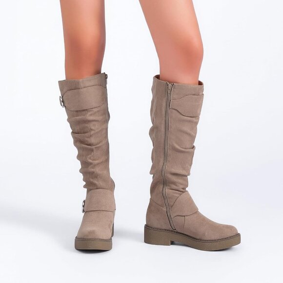 Women's Faux Leather Knee High Boots Flat Platform Casual Style Wide Calf - Picture 6 of 6